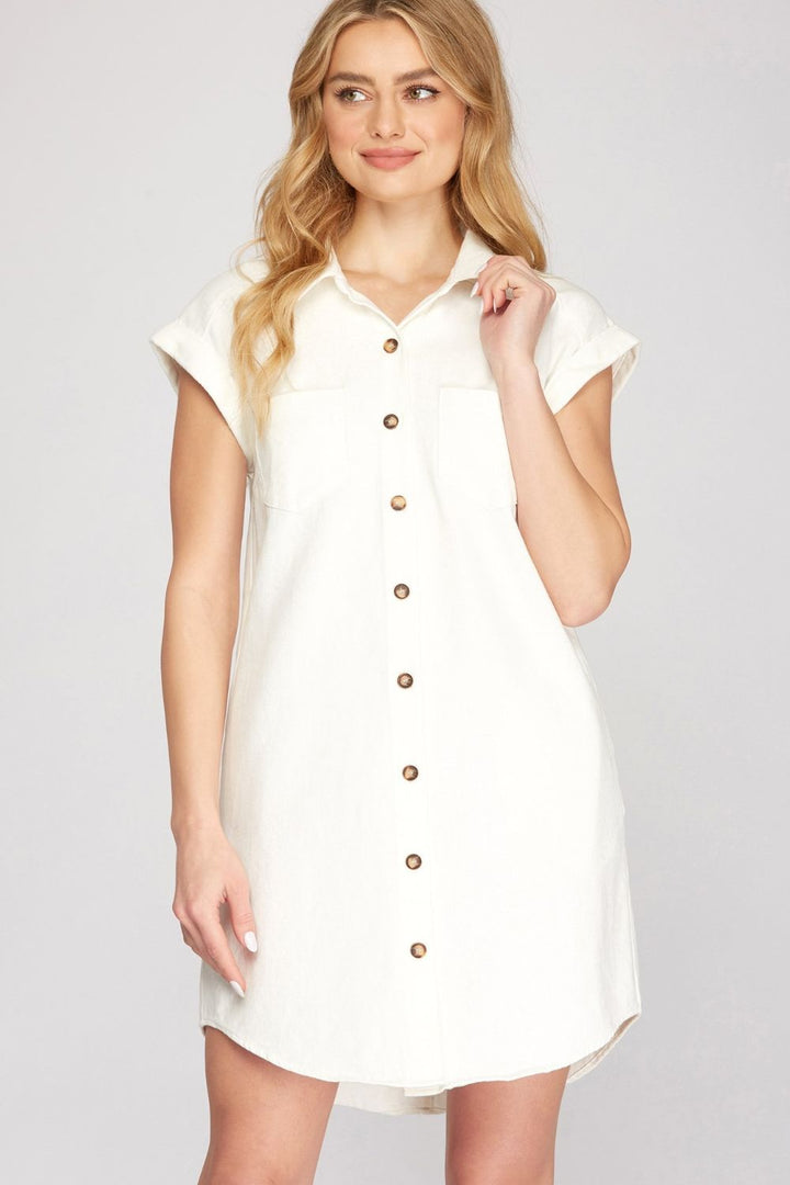 She + Sky Full Size Folded Cuff Button Down Washed Twill Shirt Dress Plus Size Ivory