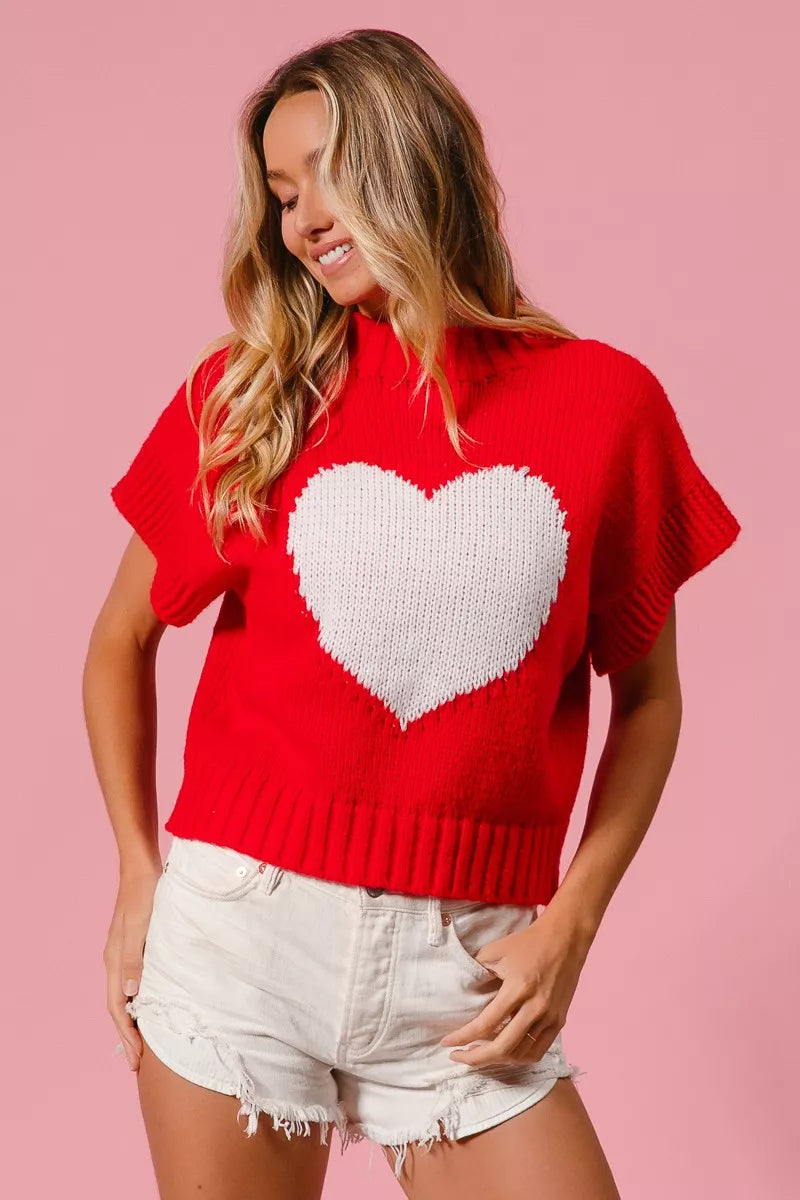 Red BiBi Rib Banded Heart Pattern Valentines Sweater with flutter sleeves