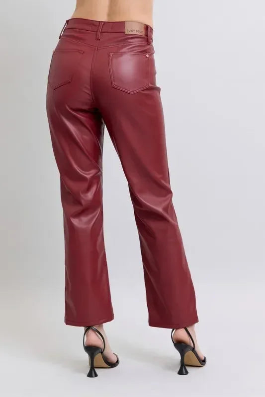 Judy Blue High Waist Tummy Control Faux Leather Straight Pants Plus Size - DAVERRI FASHIONS