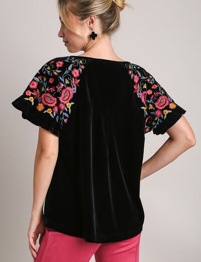 Umgee Full Size Velvet Embroidery Short Sleeve Blouse