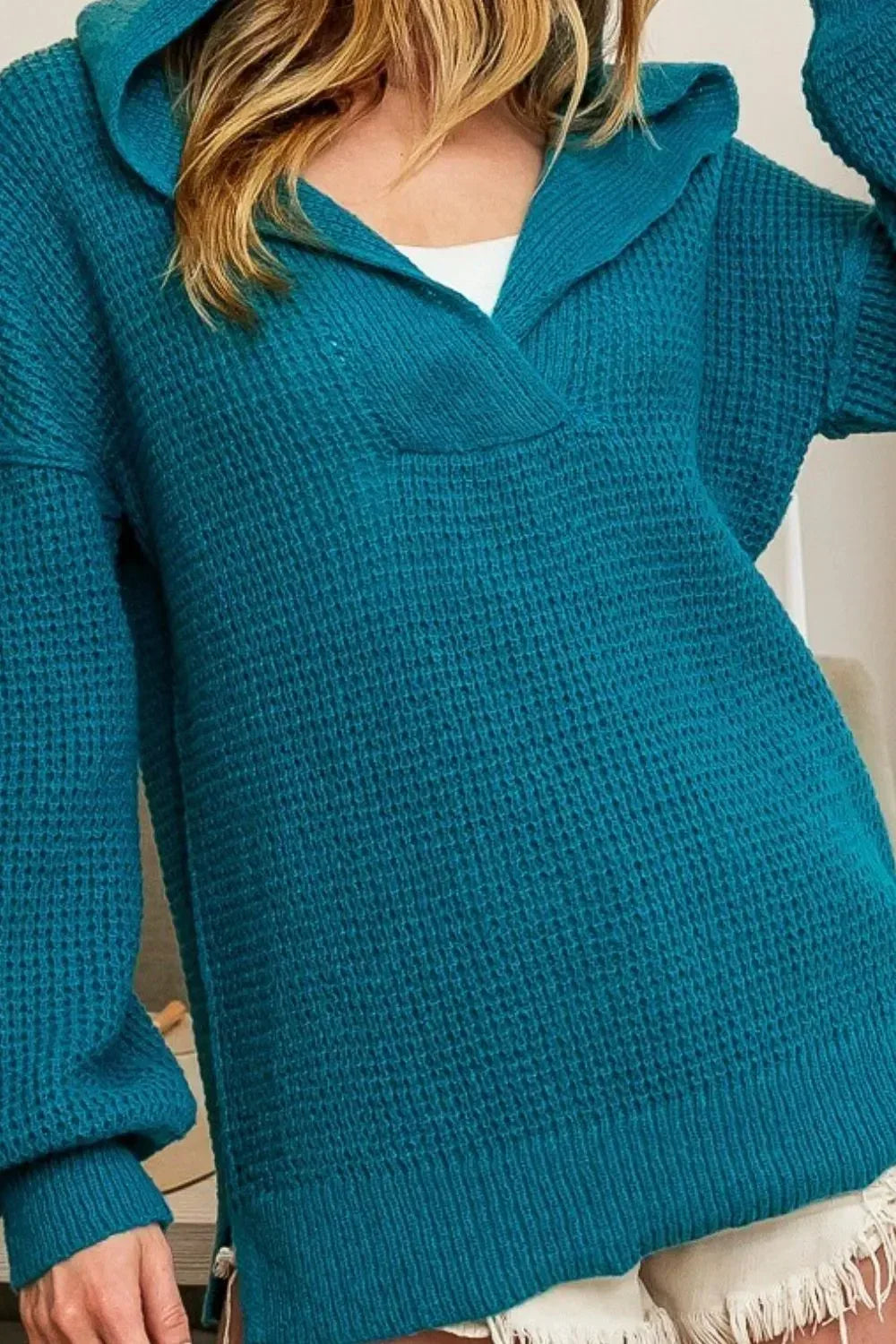 BiBi Raw Edge Detail V-Neck Sweater Hoodie - DAVERRI FASHIONS