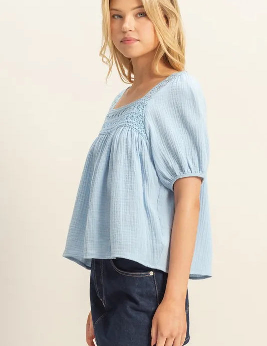 HYFVE Crochet Detail Puff Sleeve Peasant Top | Tops Daverri Fashions