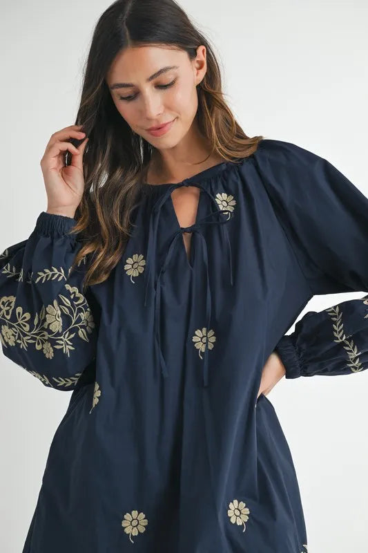 MABLE Embroidered Long Sleeve Peasant Mini Dress Mini Dresses