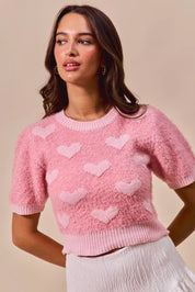 SO ME pink fuzzy heart-motif cropped sweater