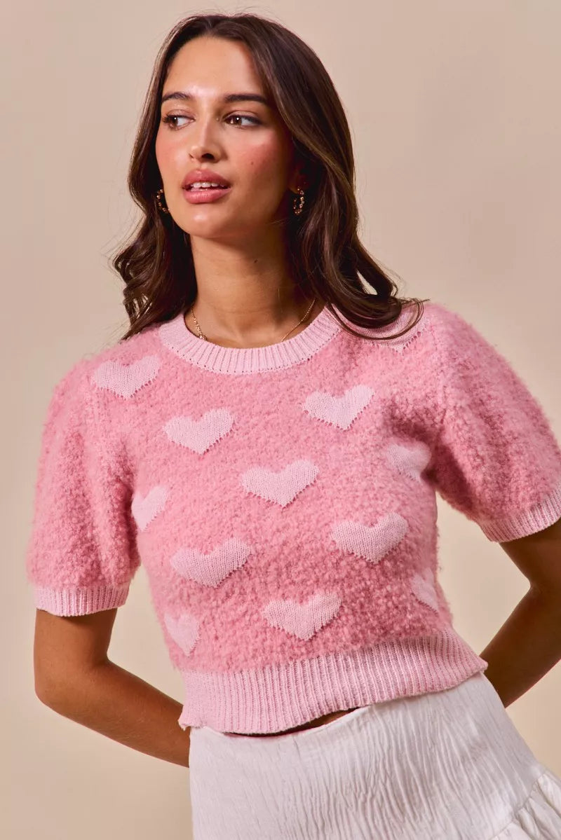 SO ME pink fuzzy heart-motif cropped sweater