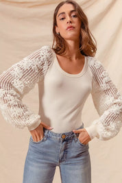 IVORY SO ME Rib Knit Top with Lace Balloon Sleeves | Knit Tops Daverri Fashions