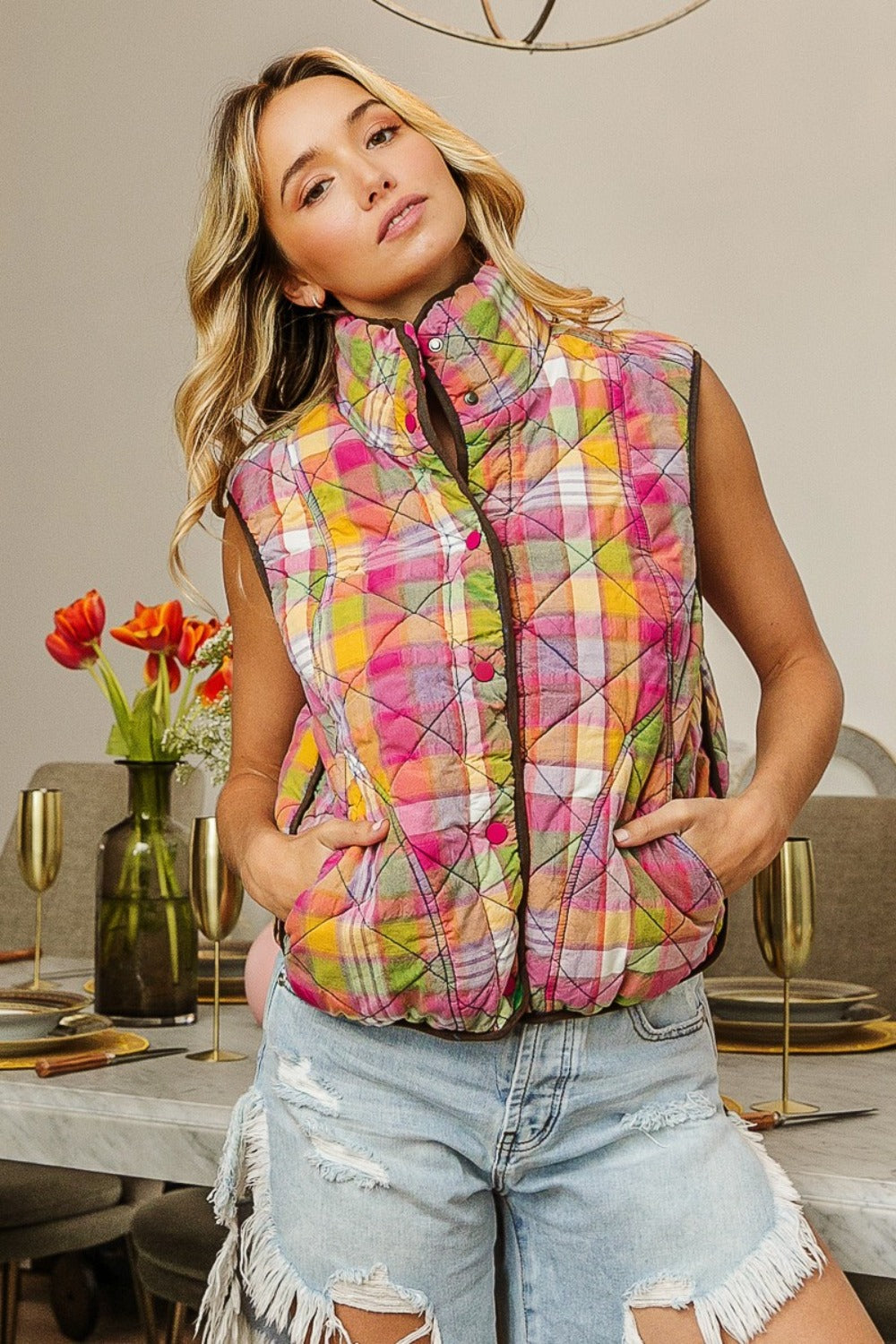 BiBi Quilted Washed Plaid Snap Down Vest Vests