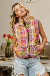 BiBi Quilted Washed Plaid Snap Down Vest Vests