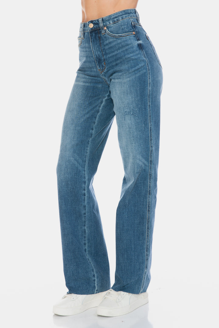 Judy Blue Tummy Control Cut Raw Hem Straight Jeans Bottoms