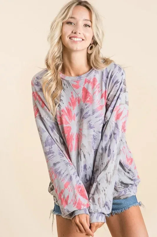 BiBi Tie Dye Print Terry Pull Over - DAVERRI FASHIONS