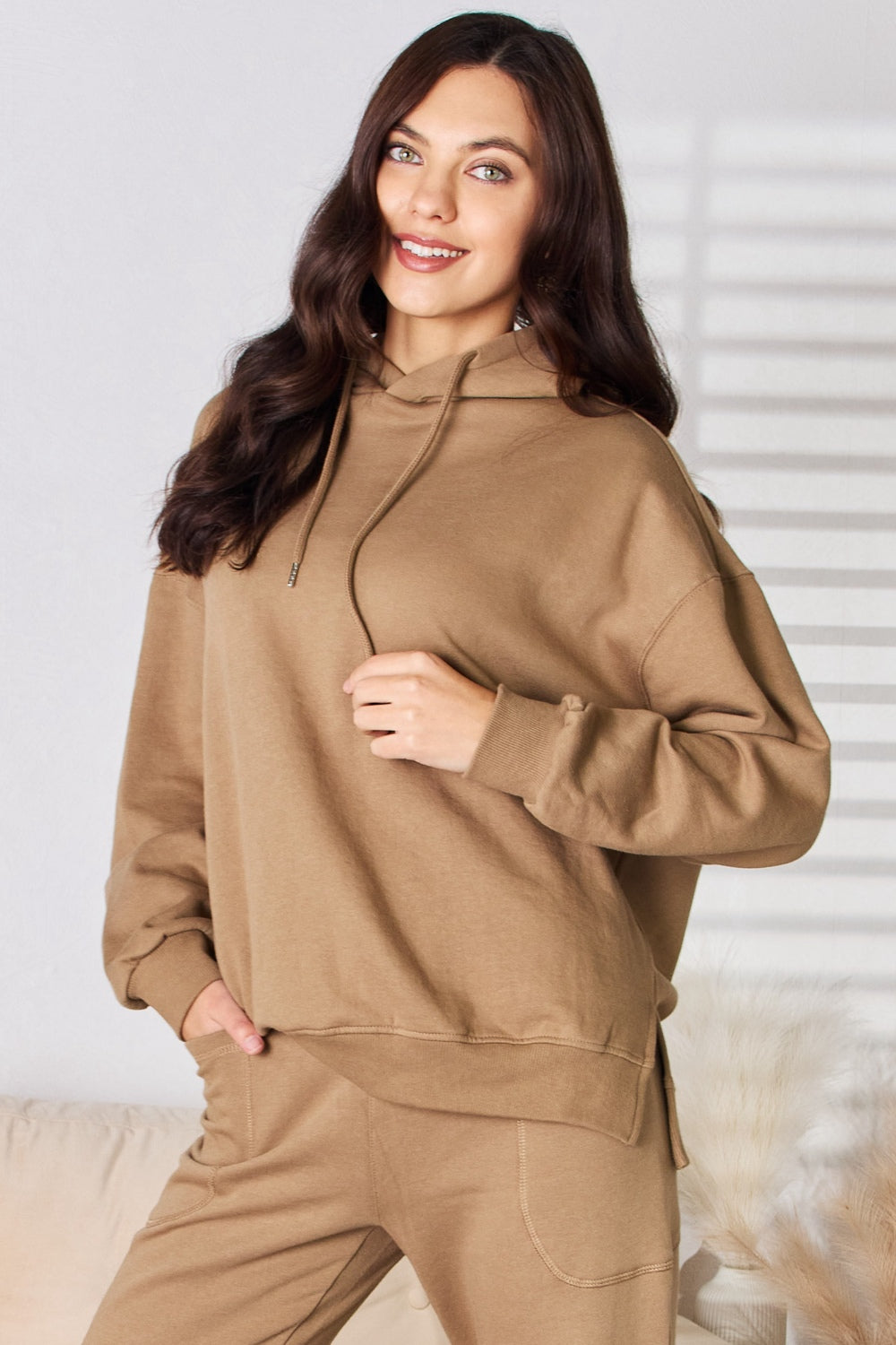 Risen Drawstring Drop Shoulder Hoodie Tops