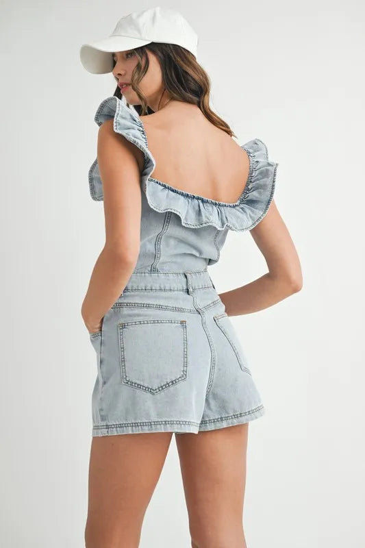 MABLE Off Shoulder Ruffle Detail Denim Romper Rompers