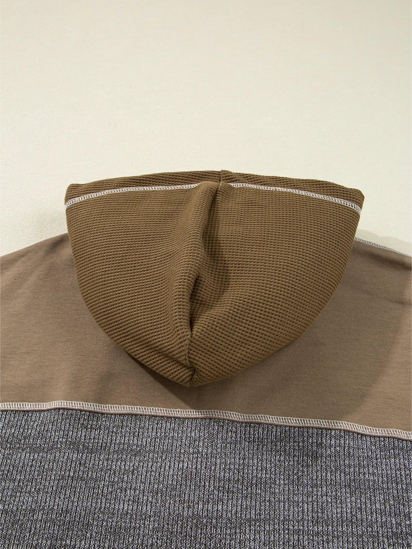 Mixed Texture Patchwork Exposed Seam Half Button Hoodie - DAVERRI FASHIONS