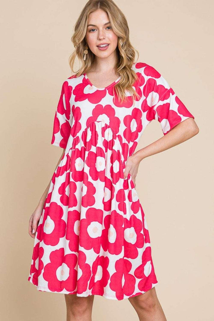 BOMBOM Flower Print Ruched Dress Fuchsia