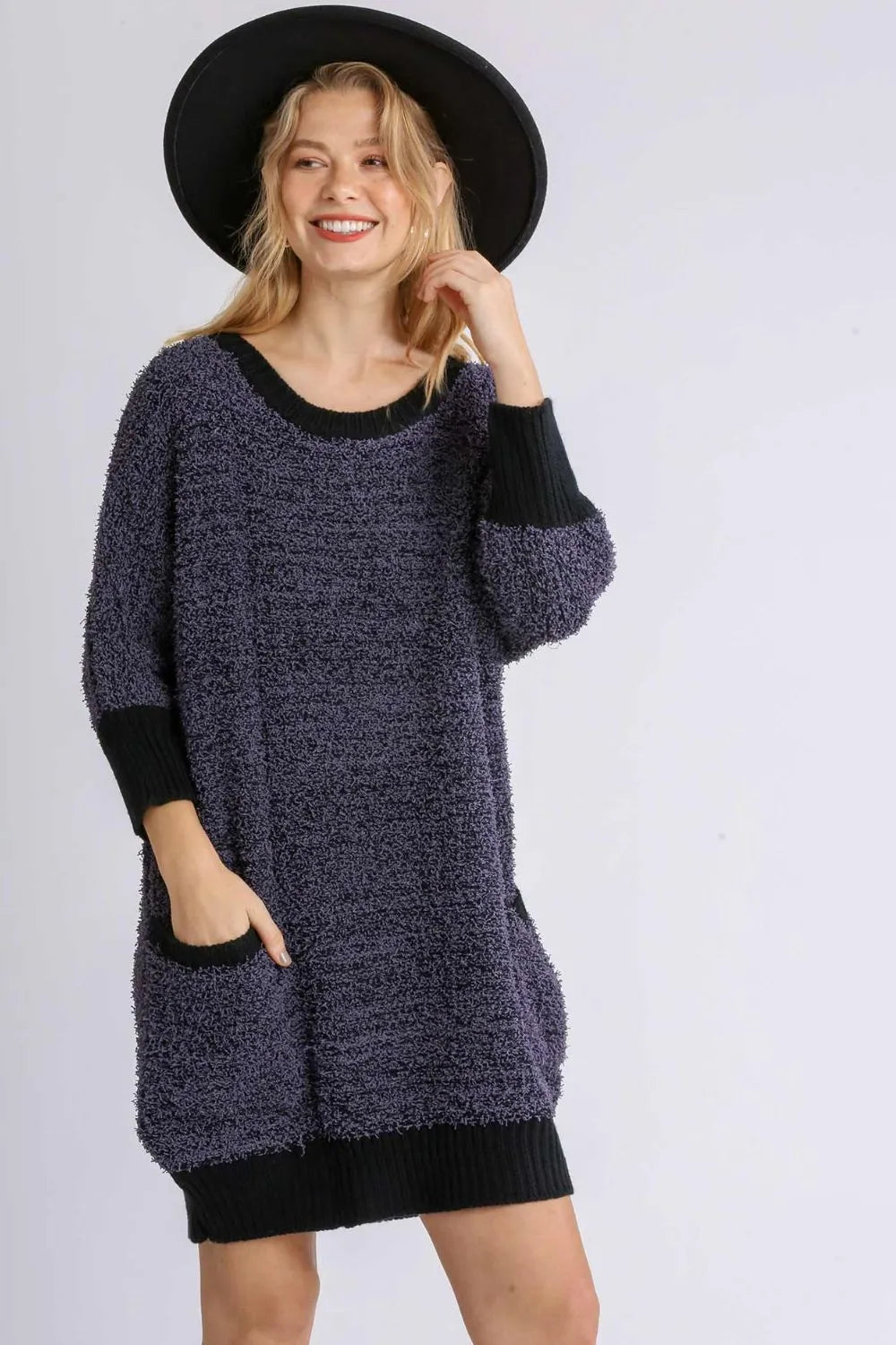Black Umgee Full Size Ribbed Hem Round Neck 3/4 Sleeve Sweater Dress with Pockets Plus Size | Daverri Fashions