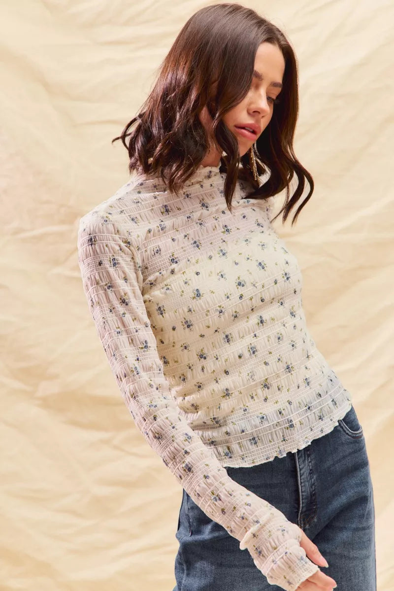 SO ME floral print textured ivory long-sleeve knit top with ruffled cuffs