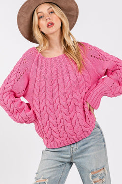 SAGE + FIG Cable-Knit Long Sleeve Sweater Pink - DAVERRI FASHIONS