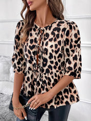 Tied Leopard Round Neck Half Sleeve Blouse | Blouses Daverri Fashions