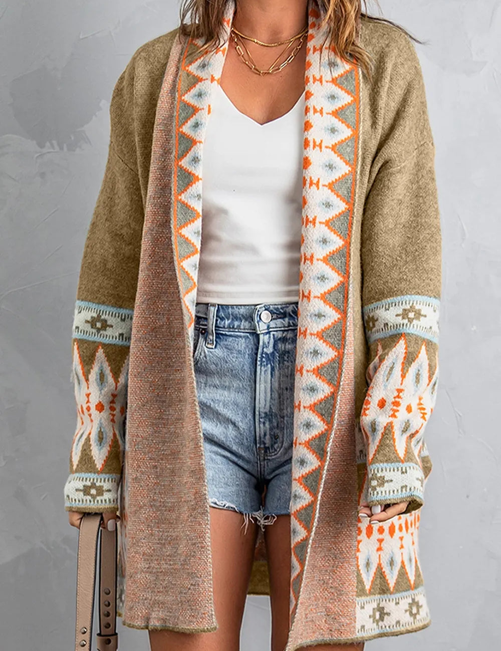 Khaki Geometric Open Front Long Sleeve Cardigan | Cardigans Daverri Fashions