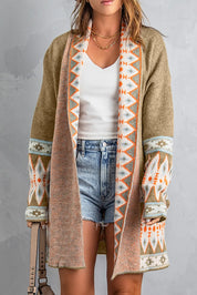 Khaki Geometric Open Front Long Sleeve Cardigan | Cardigans Daverri Fashions
