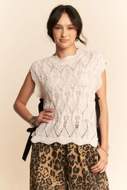CREAM Davi & Dani Ribbon Bow Ties Scalloped Trim Knit Semi Crop Top | Tops Daverri Fashions