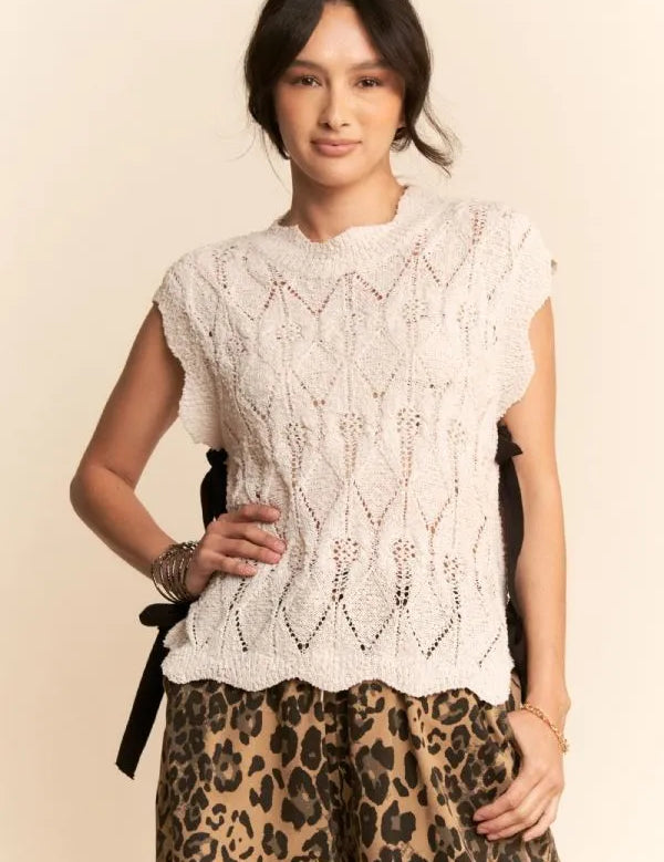 CREAM Davi & Dani Ribbon Bow Ties Scalloped Trim Knit Semi Crop Top | Tops Daverri Fashions