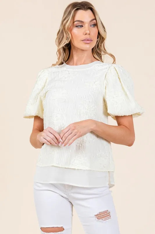 Lime 'N' Chili Floral Textured Puff Sleeve Top