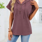 Daverri mauve waffle-knit button-front hooded short-sleeve top