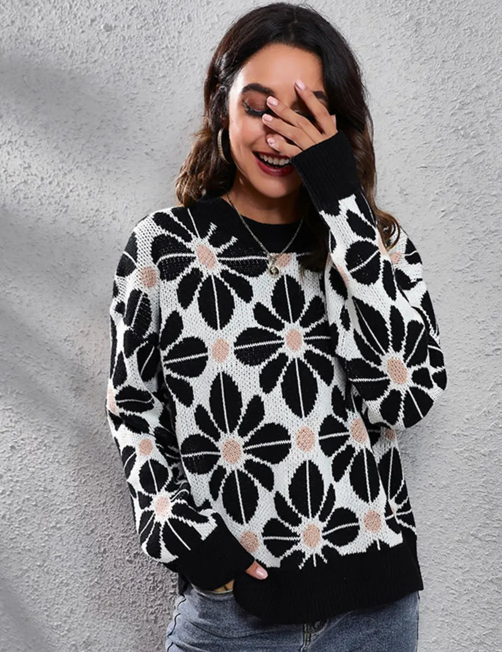 Black Floral Round Neck Long Sleeve Sweater | Daverri Fashions