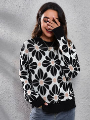 Black Floral Round Neck Long Sleeve Sweater | Daverri Fashions