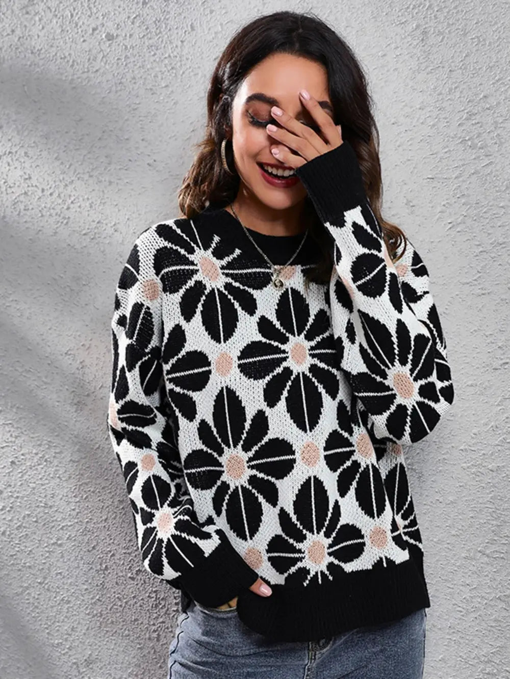 Black Floral Round Neck Long Sleeve Sweater | Daverri Fashions