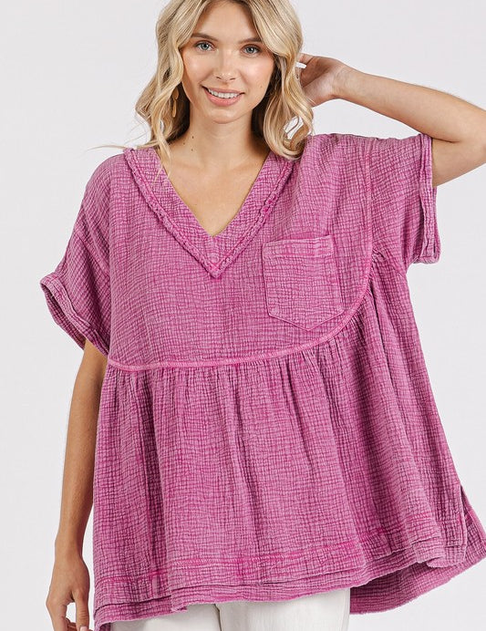 Mittoshop Mineral Wash Gauze Babydoll V-Neck Oversized Blouse Cerise