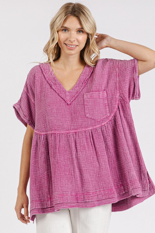 Mittoshop Mineral Wash Gauze Babydoll V-Neck Oversized Blouse Cerise