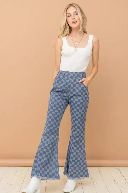 And The Why Checkerboard High Waist Bell Pants - DAVERRI FASHIONS
