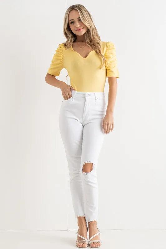 And The Why Shirring Puff Sleeve Bodysuit | Bodysuits Daverri Fashions