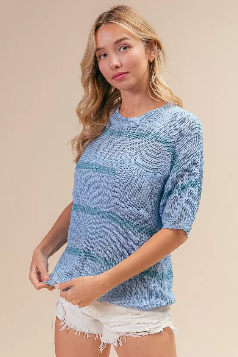 BiBi Patch Pocket Striped lightweight sweater top in light blue stripes