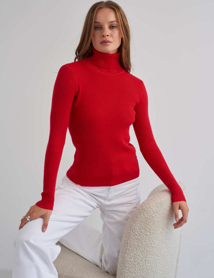 Red Free Size Women's Knit Turtleneck Pullover | Sweaters Daverri Fashions