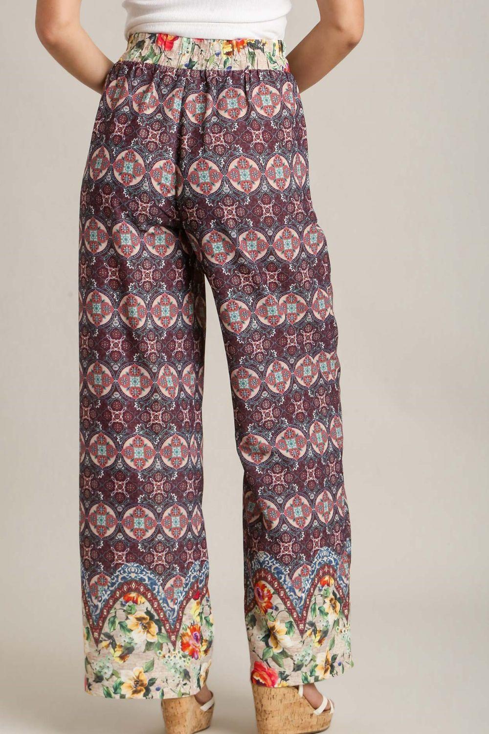 Umgee Full Size Mixed Print Elastic Waistband Pants Plus Size Pants