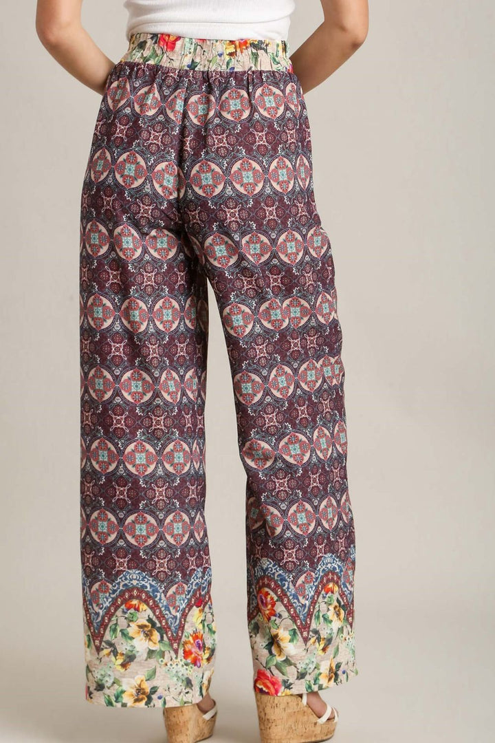 Umgee Full Size Mixed Print Elastic Waistband Pants Plus Size