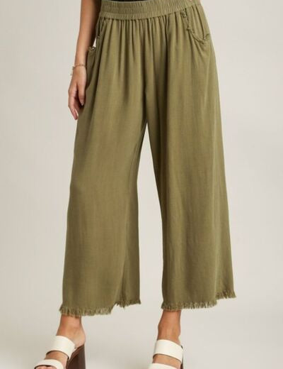 Umgee Full Size Linen Blend Elastic Waistband Wide Leg Pants Plus Size Yellow-Green