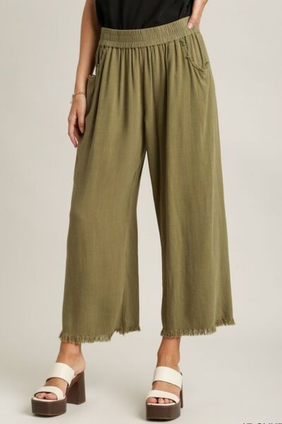 Umgee Full Size Linen Blend Elastic Waistband Wide Leg Pants Plus Size Yellow-Green