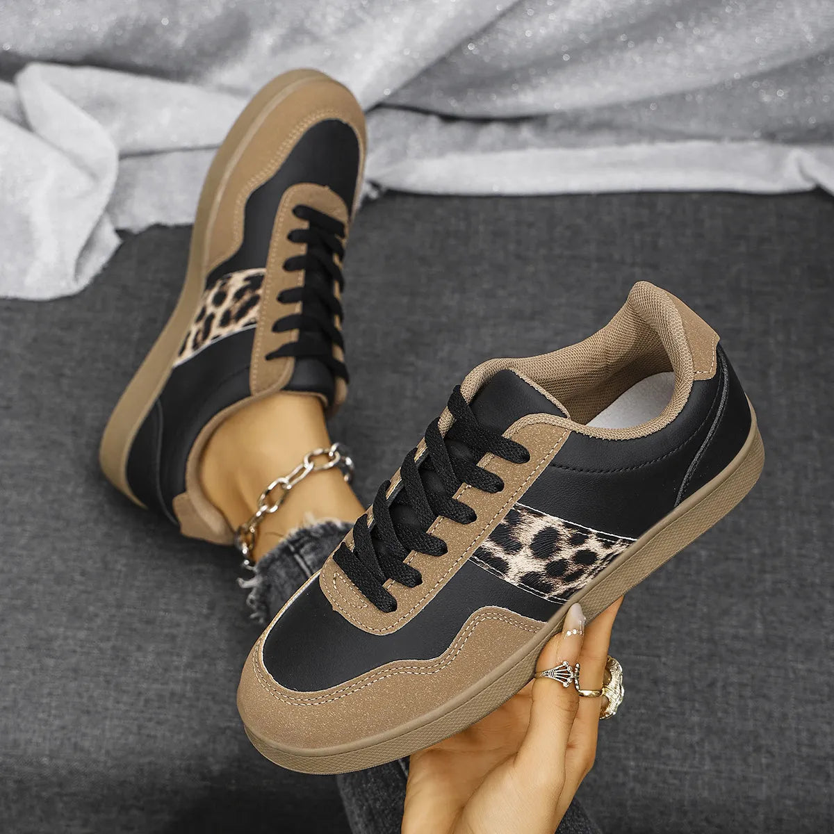 Taupe Leopard Lace Up Round Toe Sneakers | Sneakers Daverri Fashions
