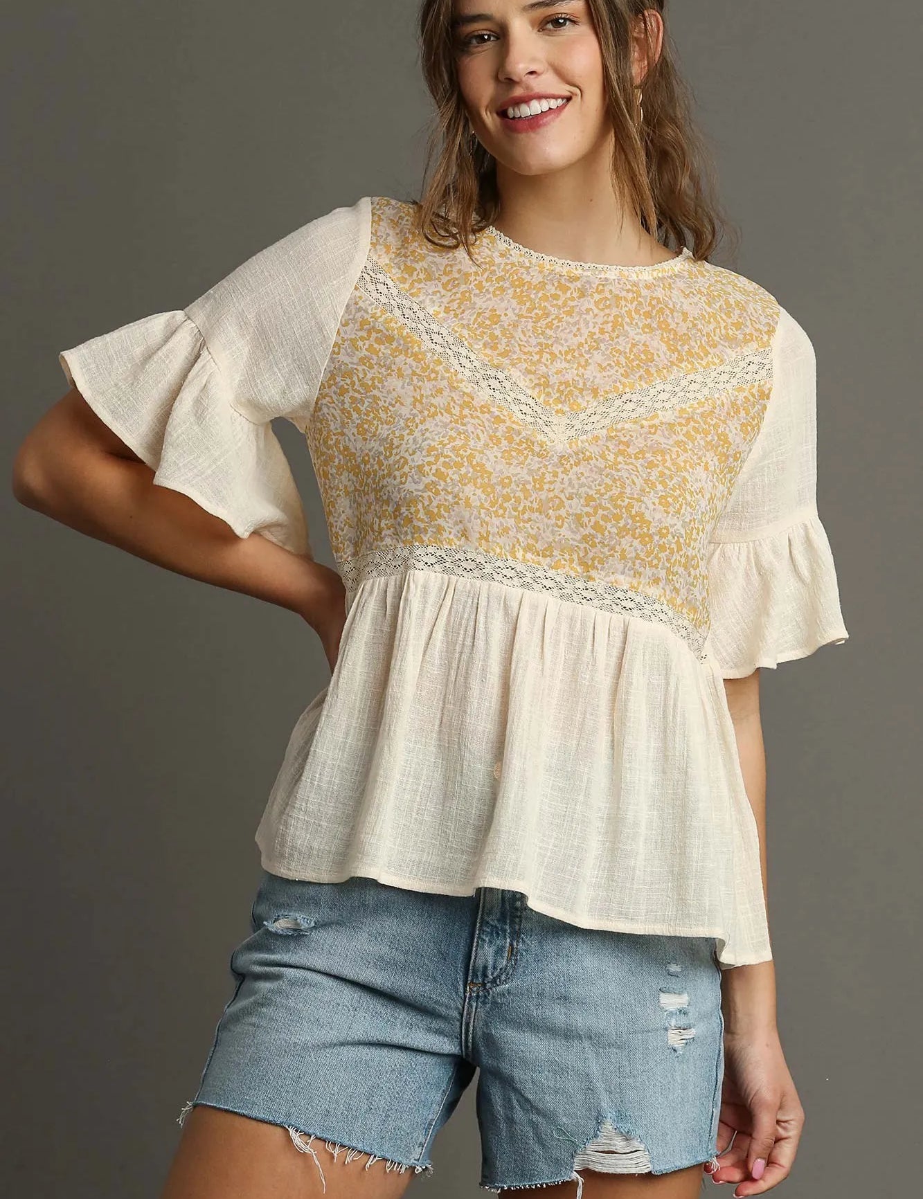 CREAM MIX Umgee Floral Lace Trimmed Detail Half Sleeve Babydoll Top | Tops Daverri Fashions