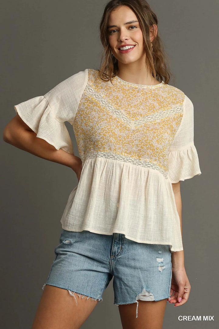Umgee Floral Lace Trimmed Detail Half Sleeve Babydoll Top CREAM MIX