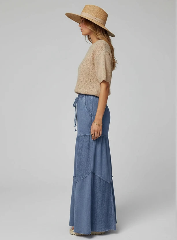 Tiered wide leg washed pants in blue denim maxi skirt style