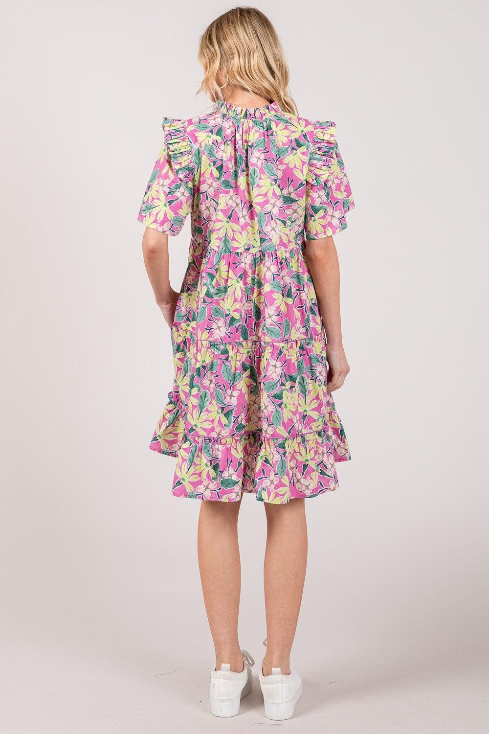 SAGE + FIG Floral Ruffle Short Sleeve Dress - DAVERRI FASHIONS