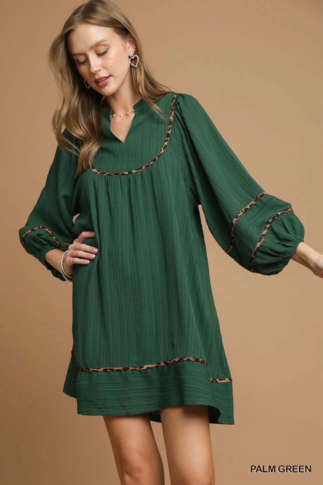 Umgee Textured Babydoll Dress with Leopard Trim PALM GREEN