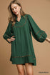 Umgee Textured Babydoll Dress with Leopard Trim PALM GREEN
