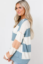 Rose Red Colorblock Striped Drop Shoulder Long Sleeve Top
