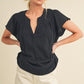 Aemi + Co Embroidered Trim Side Slit Notched Short Sleeve Blouse Black Blouses